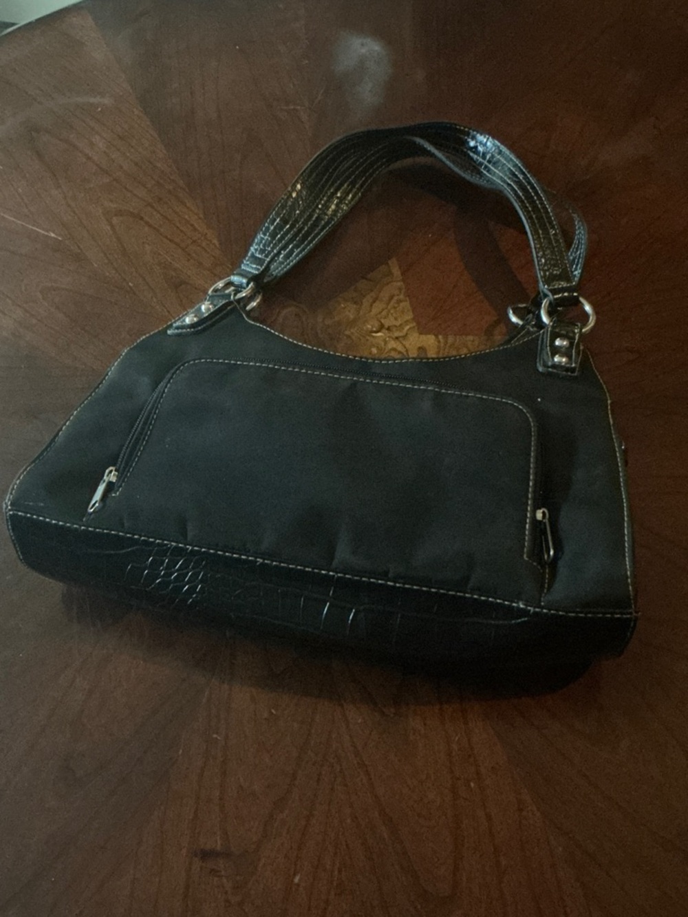 Rosetti Black Shoulder Bag with Croc-Trim Handles
